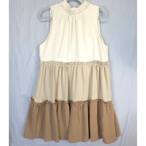 Strut & Bolt Tiered Ruffle Mini Dress Women M Cream Taupe Boho Sleeveless Earthy